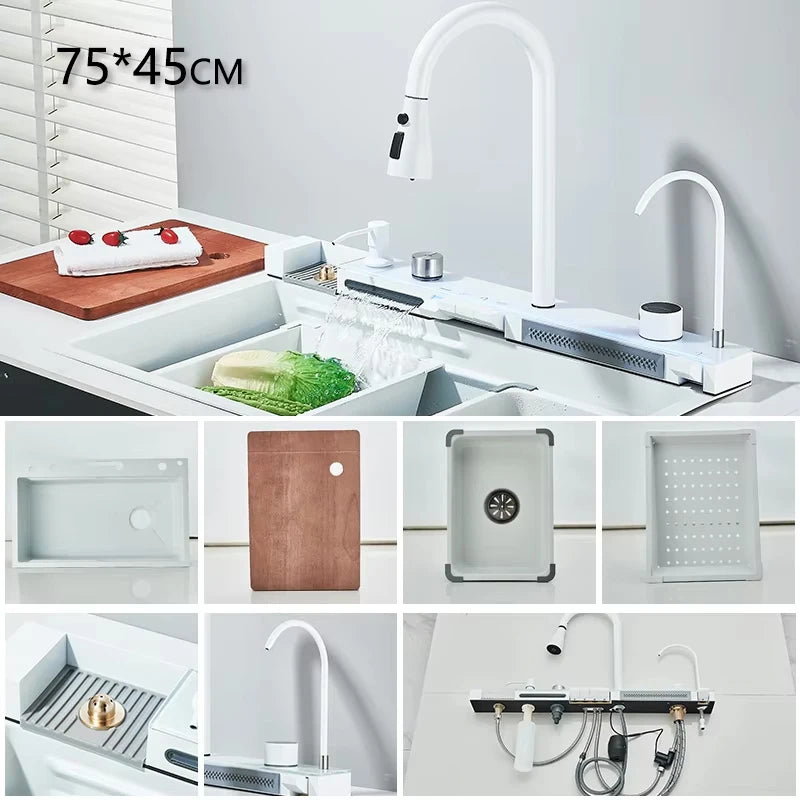 304 Stainless Steel Waterfall Kitchen Sink Large Single Slot Integrated Digital Display Faucet Set Soap Dispenser Cup Washer