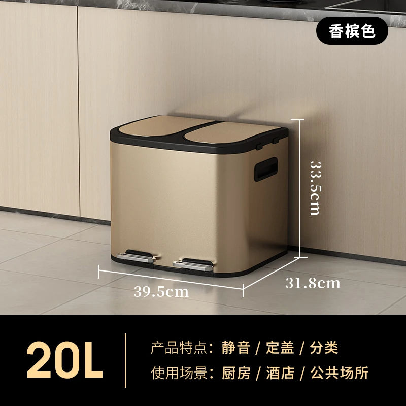 Kitchen Classification Garbage Bin 2-in-1 Household Dry Wet Separation Stainless Steel Pedal Double Bin with Lid Large Capacity