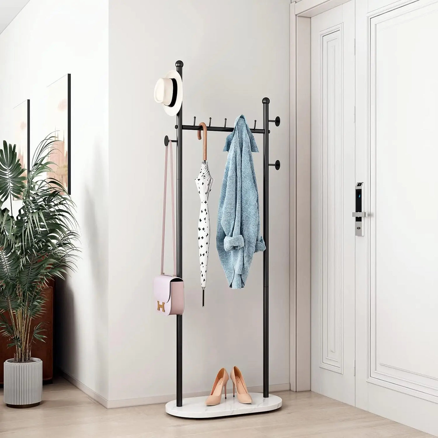 Gold Clothing Racks with Marble Base Modern Gold Coat Racks Freestanding Gold Clothes Rack with Shelves for Bedroom