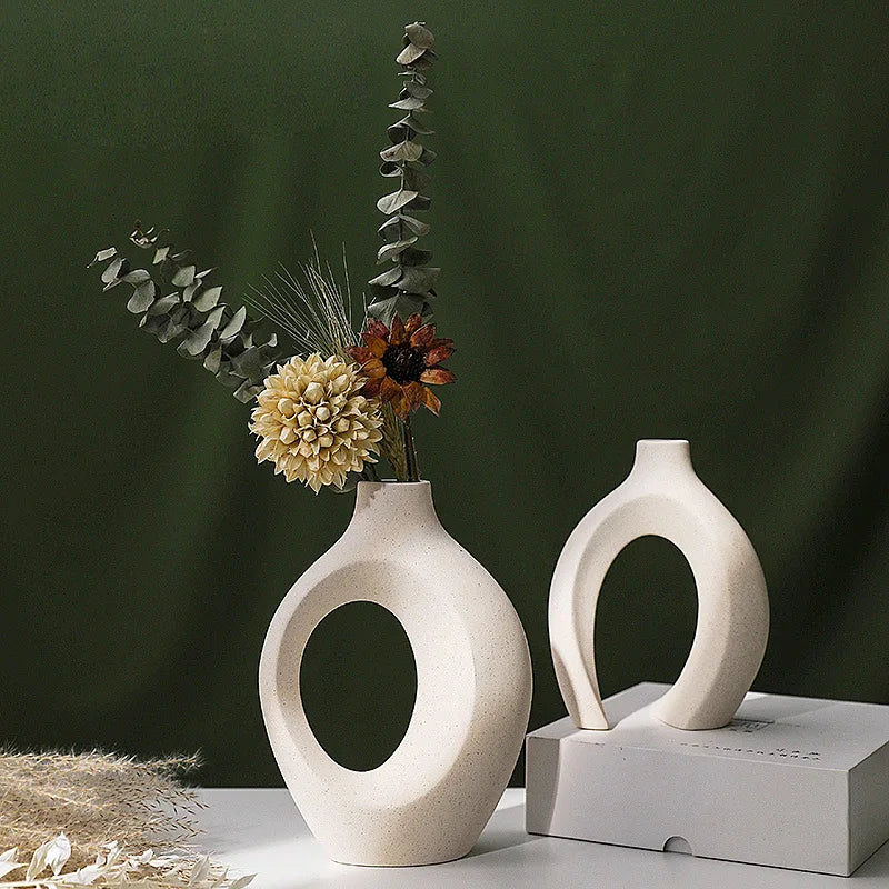 Hollow Nordic Modern Ceramic Vase Set of 2 for Modern Home Decor,Modern Boho Hollow Flower Vases for Living Room Bookshelf