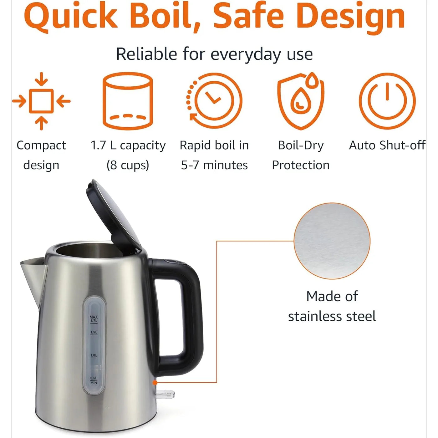 Stainless Steel Electric Kettle, 1.8-Quart (1.7 Liter), 1500 Watts, BPA-Free, Black and Silver