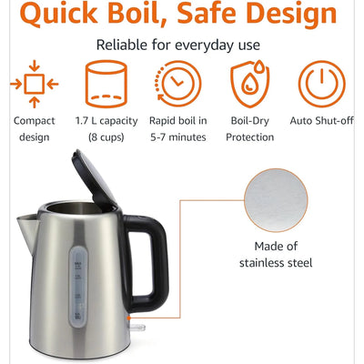 Stainless Steel Electric Kettle, 1.8-Quart (1.7 Liter), 1500 Watts, BPA-Free, Black and Silver