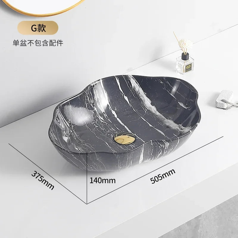 Ceramic Washbasin Marble Pattern Countertop Sinks Luxury Hotel Art Basin Flower Shape Bathroom Hand Wash Vessel Sink 50*37*14cm