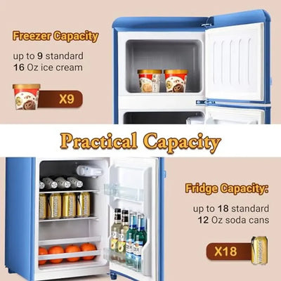 Compact Refrigerator Freezer Combo 3.2 cu. ft Blue Double Door Glass Shelf Ice Cube Trays 360° Cycle Refrigeration Cold Storage