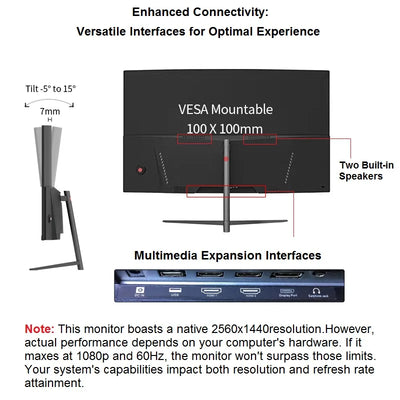 27 Inch 2K 165Hz Curved Gaming Monitor with Speakers, 1ms Response Time, Wide Viewing Angle, VESA Mountable, Support HDMI and DP