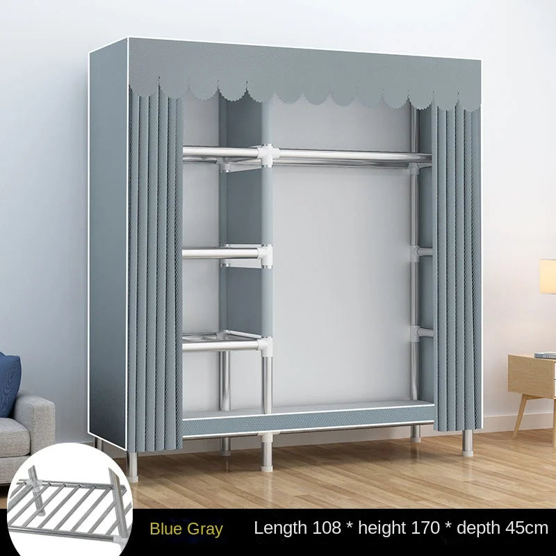 Simple Wardrobe Cloth Closet Furniture For Home Household Bedroom Assembly Cabinet Steel Pipe Reinforced Storage Rack Wardrobe