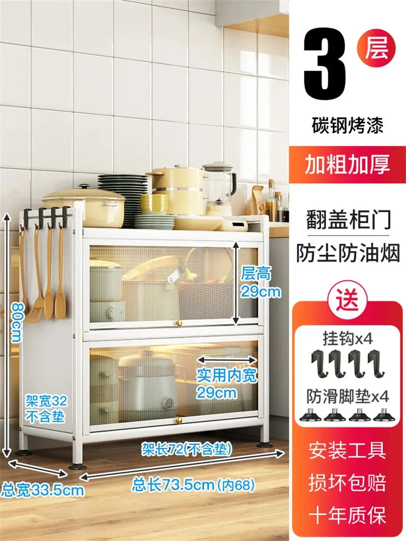 Modern Carbon Steel Kitchen Cabinets Home Storage Cabinet Multi-functional Multi-layer Microwave Oven Floor Rack with Flip Door