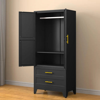 71” Metal Storage Cabinet with 2 Doors, 1 Adjustable Shelf and 2 Draws, Armoire Wardrobe Closet with Hanging Rods