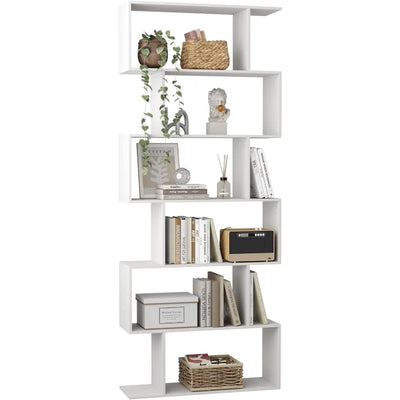 S Shaped Bookshelf, Modern Geometric Bookcase, 6-Tier White Display Case Book Shelf