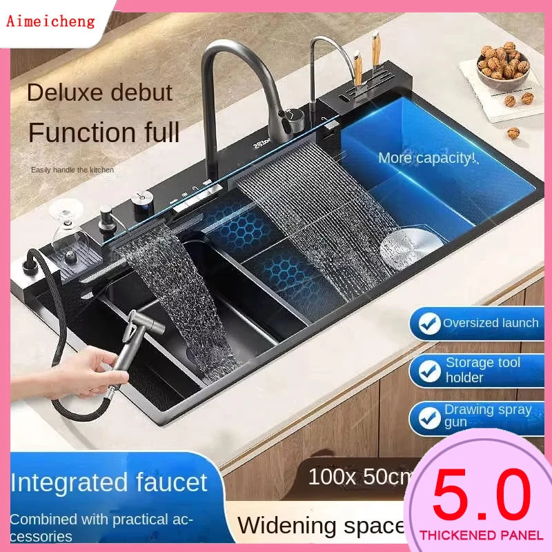 Hot selling Stainless Steel Waterfall Kitchen Sink With Knife Holder Digital Display Faucet Set Embossed Extra Large Single Slot