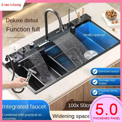 Hot selling Stainless Steel Waterfall Kitchen Sink With Knife Holder Digital Display Faucet Set Embossed Extra Large Single Slot