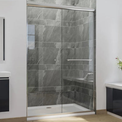 Double Sliding Shower Door Semi-Frameless Shower Enclosure  Glass Bypass Sliding Bathroom Door, Chrome Finish