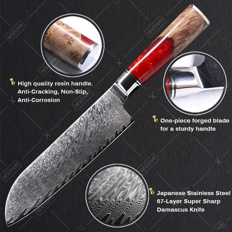 WXCOO Santoku Knife Damascus Stainless Steel Kitchen Knives Sashimi Slicing Professional Chef Knife Vegetable Cutting Knife Tool