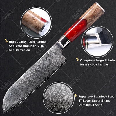 WXCOO Santoku Knife Damascus Stainless Steel Kitchen Knives Sashimi Slicing Professional Chef Knife Vegetable Cutting Knife Tool