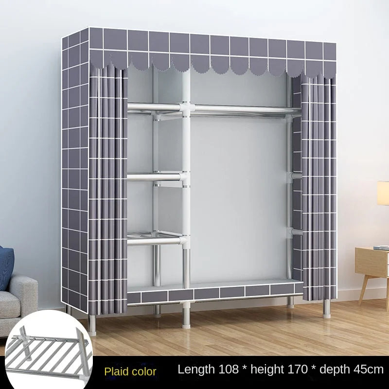 Simple Wardrobe Cloth Closet Furniture For Home Household Bedroom Assembly Cabinet Steel Pipe Reinforced Storage Rack Wardrobe