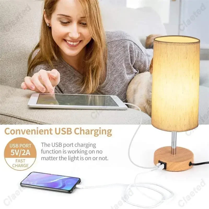 Table Lamp Bedroom Bedside Simple and Creative Touch Dimming Wood Grain Color USB Charging Port Led Small Table Lamp