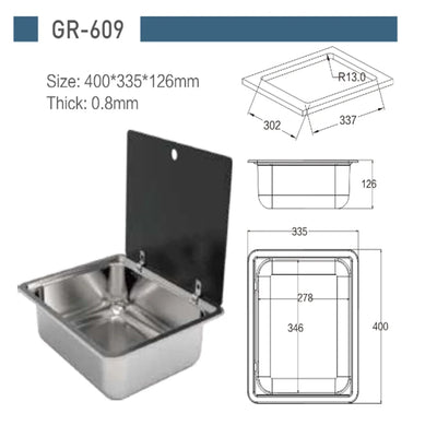 Stainless Steel Sink with Tempered Glass Lid 400*335*126mm GR-609A Boat Caravan