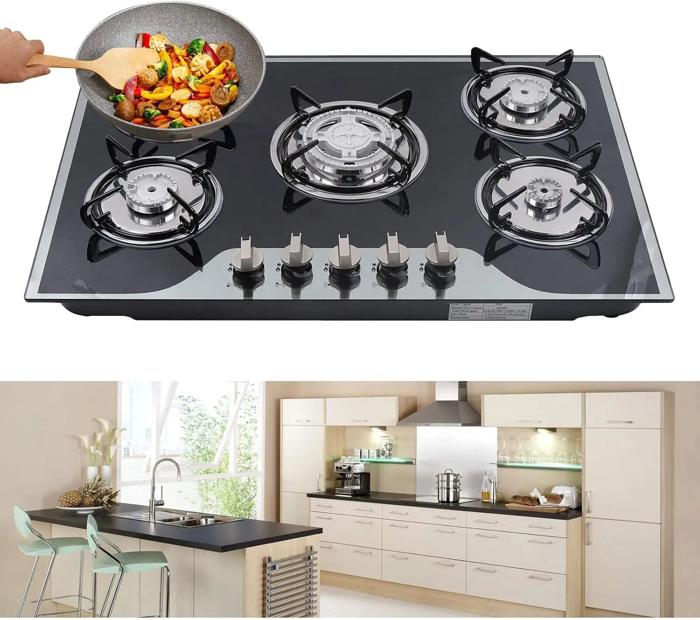 23'' 30 Inch 35'', Built-in NG/LPG Convertible Gas Cooktops 4 Burners 5 Burner Gas hob, Gas Countertop Plug-in with Tempered Gla