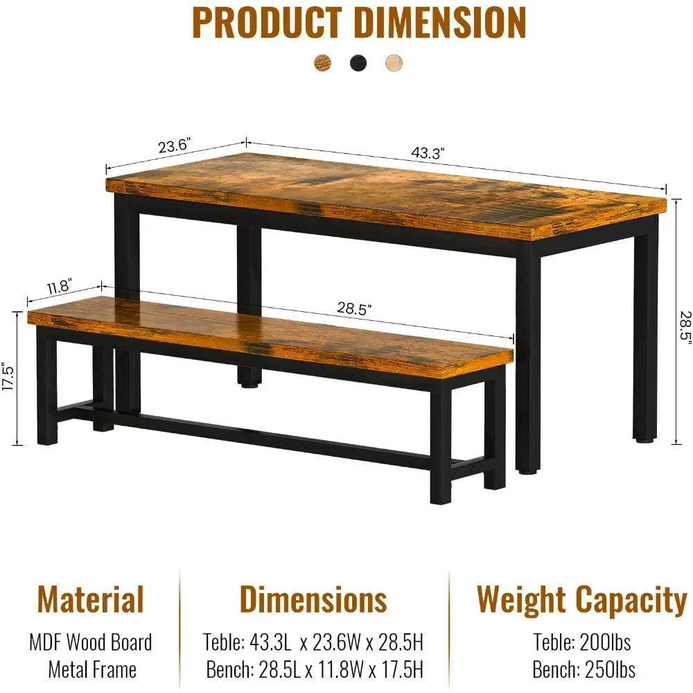 Restaurant dining table set, kitchen set with 2 benches 43.3x23.6x28.5 inches, bench 38.5x11.8x17.5 industrial brown