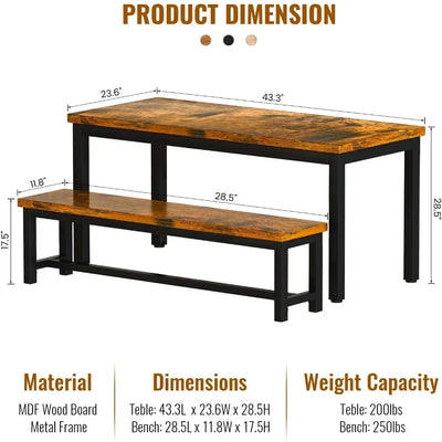 Restaurant dining table set, kitchen set with 2 benches 43.3x23.6x28.5 inches, bench 38.5x11.8x17.5 industrial brown