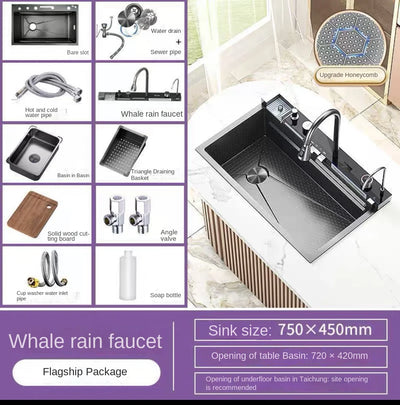 Double Waterfall Sink Embossed Stainless Steel Kitchen Sink Large Single Slot Digital Display Wash Basin Dishwashing pond