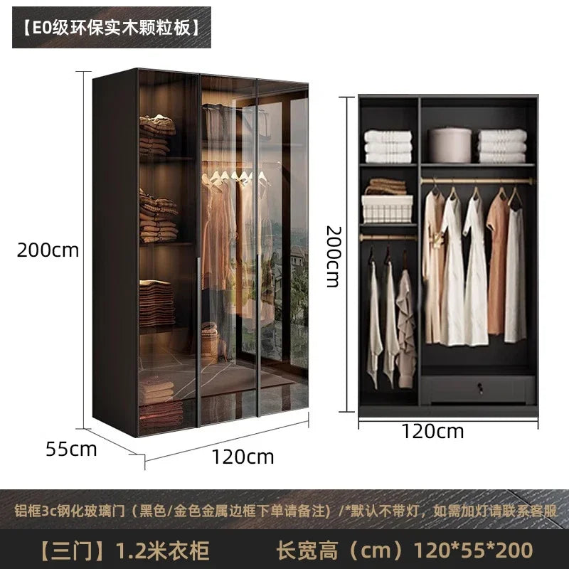 Solid wood wardrobe, bedroom home glass door L-shaped modern light luxury corner cloakroom storage cabinet combination wardrobe