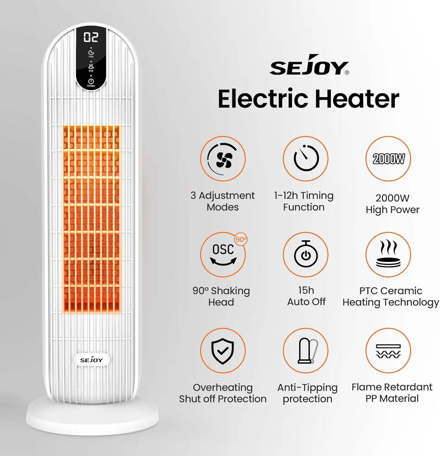 SEJOY Fan Heater Energy-Saving Quiet Electric Heaters Electric Blanket 3 Modes 90° Oscillating Overheating Tilt Protection