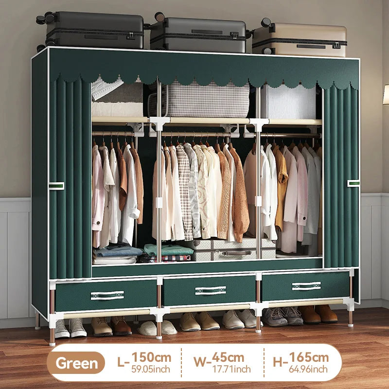 Modern Fabric Wardrobe with Spacious Hanging and Storage Areas, Durable Steel Tubes for Bedroom Organization