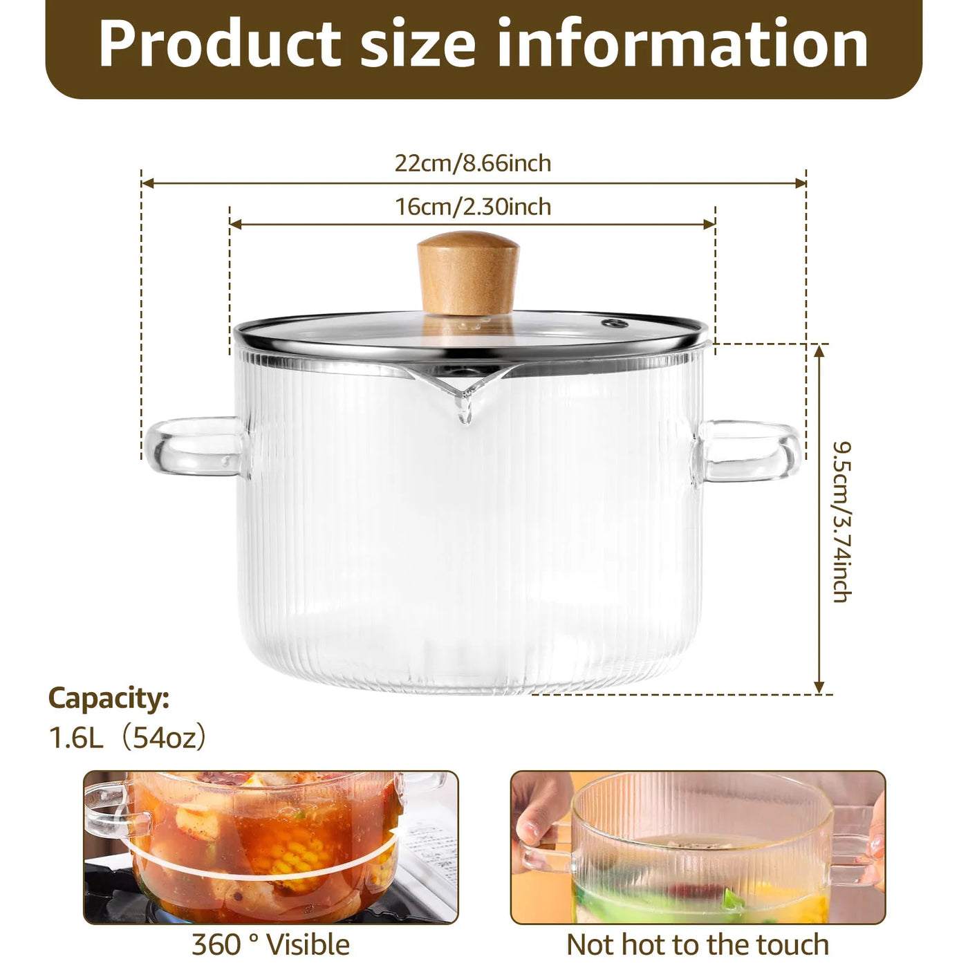 1.6/2.3L Glass Cooking Pot Transparent Borosilicate Glass Simmer Pot with Lid Heat Resistant Glass Pot for Soup Milk Noodles