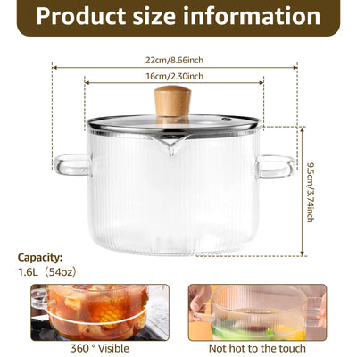 1.6/2.3L Glass Cooking Pot Transparent Borosilicate Glass Simmer Pot with Lid Heat Resistant Glass Pot for Soup Milk Noodles