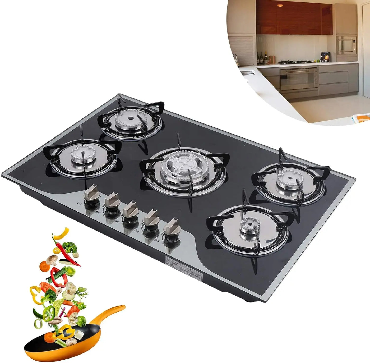 Cooktop 30.3 Inch Built-in Stove Hob Cooktop with 5 Burners Tempered Glass Gas Stovetop with Thermocouple Protection, NG/LPG Con