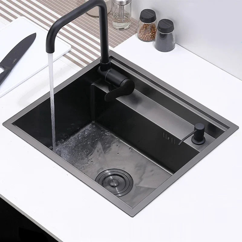 Cloaking Nanometer Double Cover Hidden Kitchen Sink 304 Stainless Steel Handmade Brushed Single Kitchen Sink with Lifting Faucet