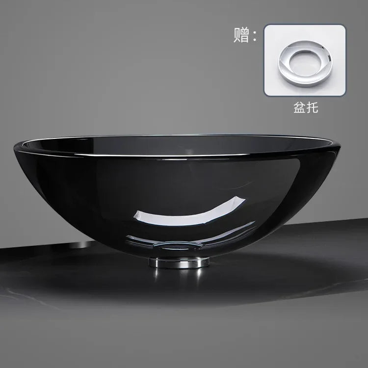 42cm Round Tempered Glass Sink Blue Bathroom Washbasin Hotel Balcony Countertop Art Basin Transparent Bowl Basin With Drain Sets