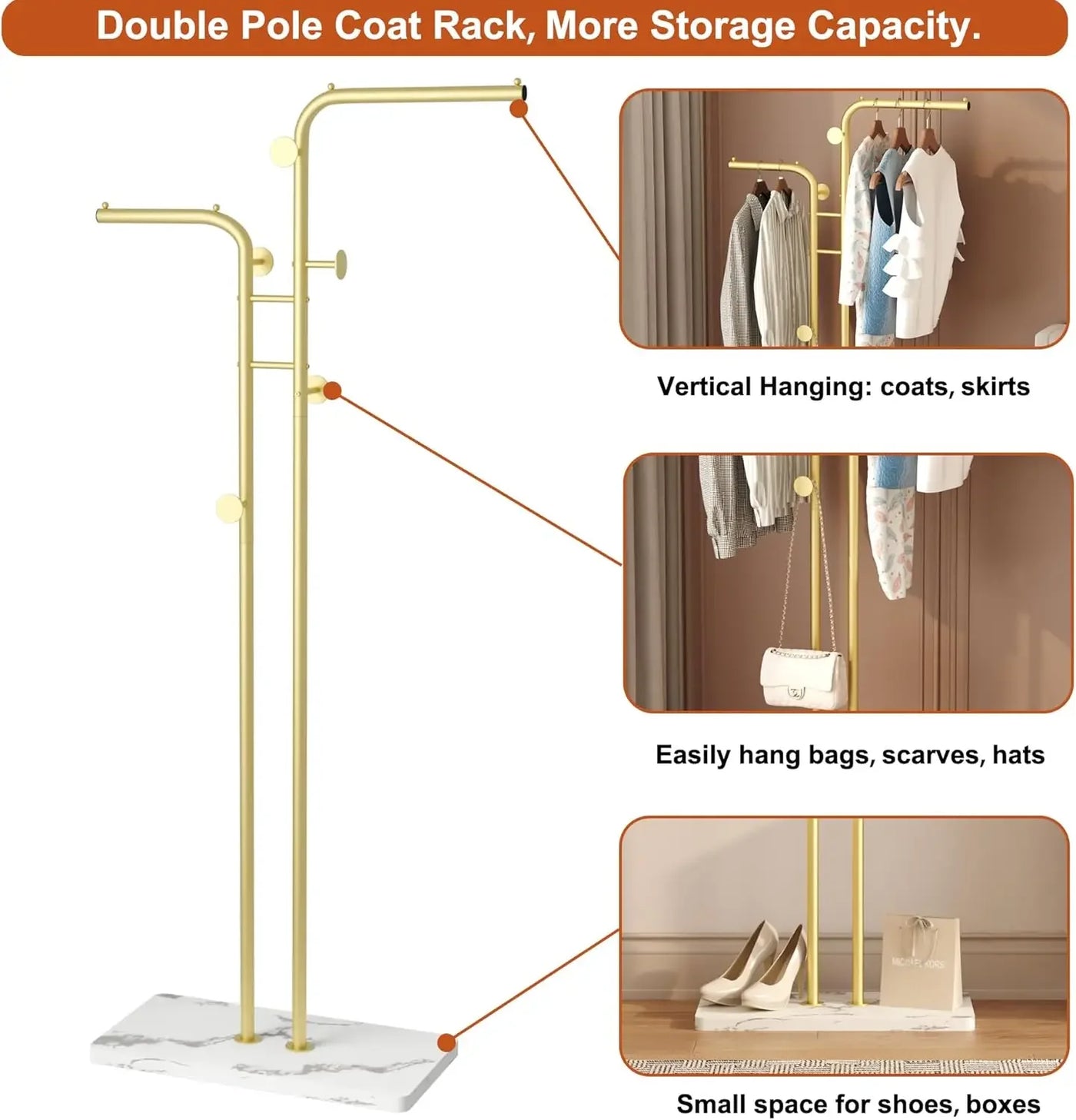 Coat Rack, Freestanding Metal Coat Racks, Double-pole Clothes Hat Stand with 5 Hooks for Closet, Bedroom, Entryway, Liv