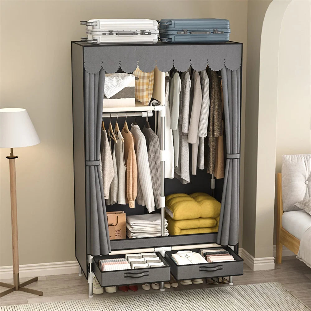 Home Rental Room Bedroom Assembly Hanging Clothes Storage Finishing Steel Frame Bold Simple Nonwovens Cloth Wardrobe