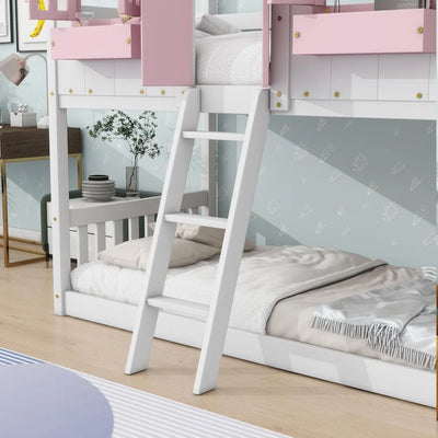 Twin Over Twin House Bunk Bed with Windows,Doors and Boxs, Wood House Roof Floor Bunk Bed Framewith Safety Guardrails and Ladder