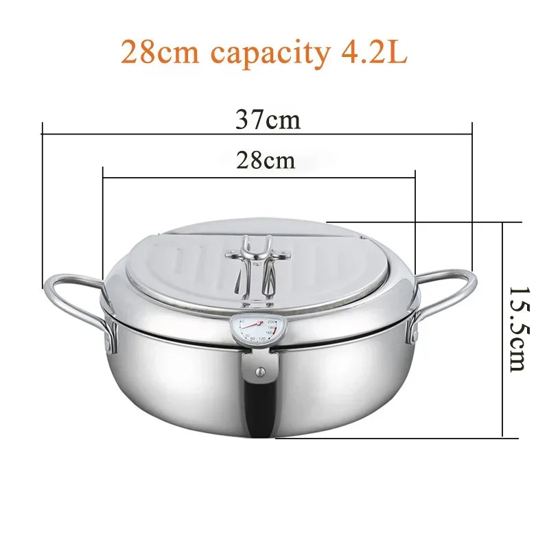 20 /24 /28cm Japanese Deep Frying Pot with a Thermometer and a Lid 304 Stainless Steel Kitchen Tempura Fryer Pan