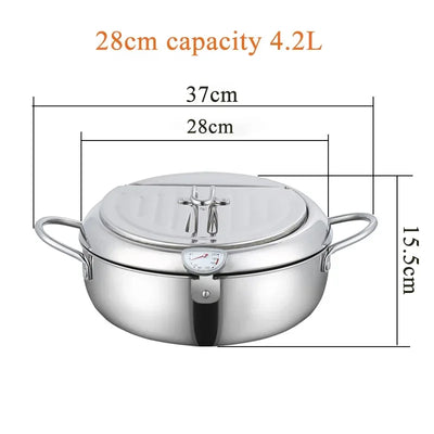 20 /24 /28cm Japanese Deep Frying Pot with a Thermometer and a Lid 304 Stainless Steel Kitchen Tempura Fryer Pan