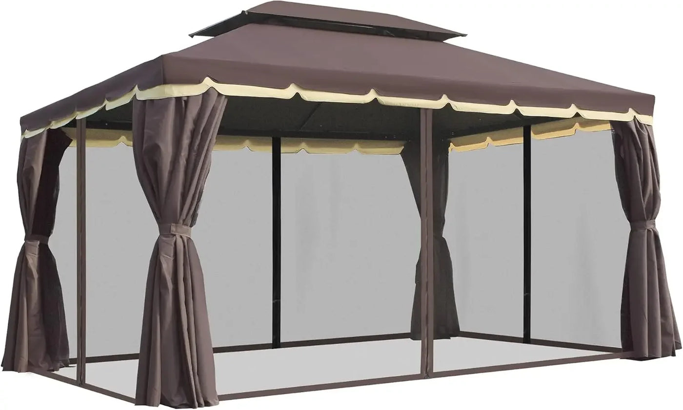 10' x 13' Patio Gazebo, Outdoor Gazebo Canopy Shelter with Netting and Curtains, Aluminum Frame for Garden, Lawn, Backyard and