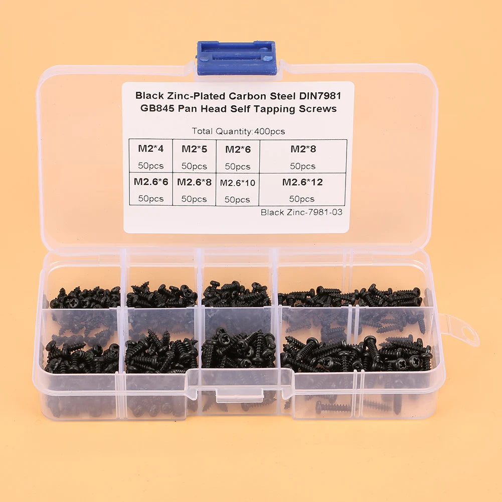 400Pcs Black M2/M2.6 Cross Pan Head Self Tapping Screws Set Assortment Kit Cross pan head self tapping screw set