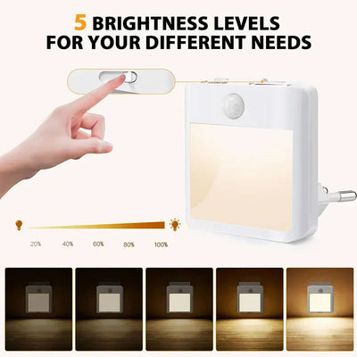 Motion Sensor Night Lights with US EU UK AU Plug Dimmable LED Warm White Ambient Light 2 in 1 Bedroom Living Room Toilet Stairs