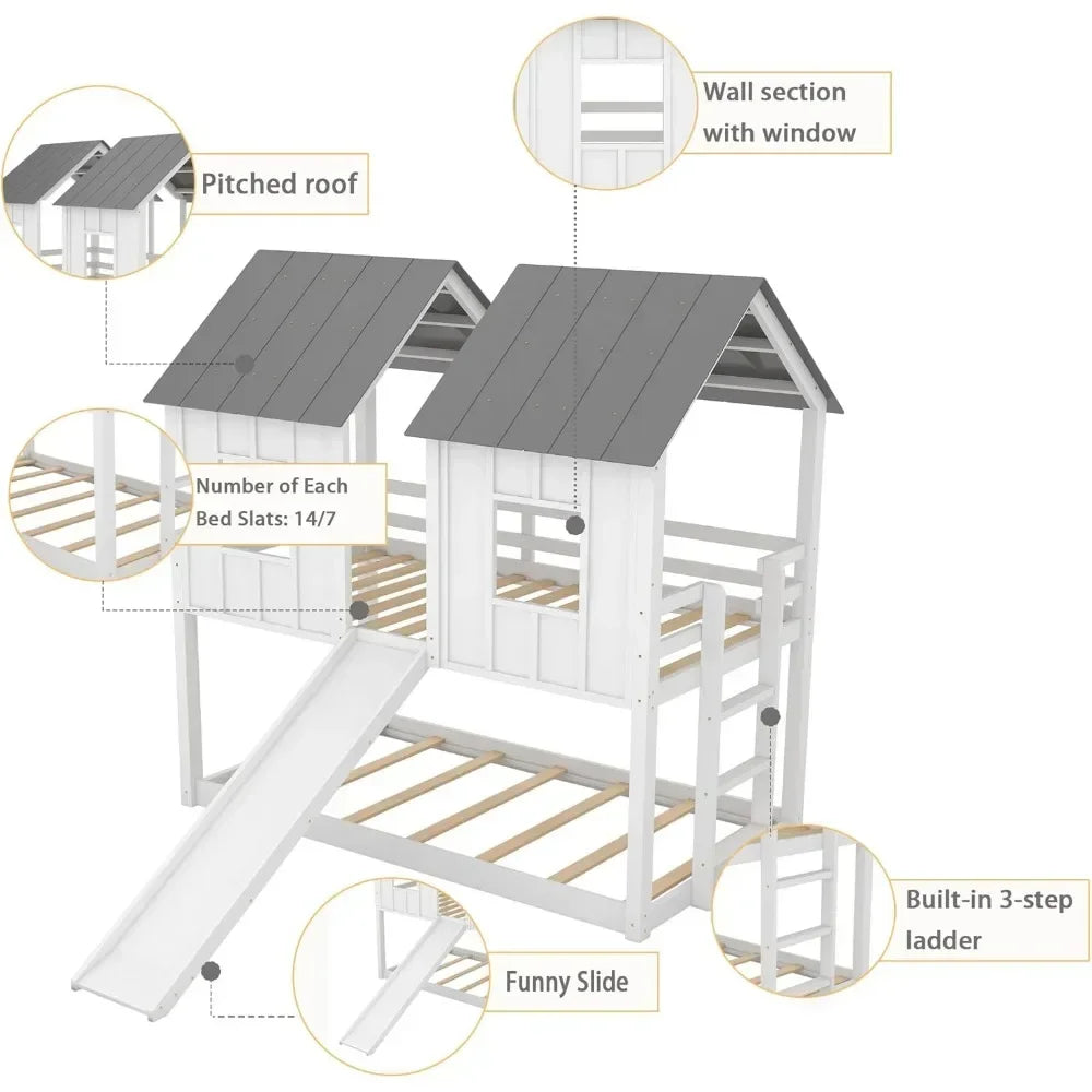 Wooden Bunk Bed with Windows, Guardrails and Twin Size Children Furniture Ladder,Modern Children Beds Playhouse Bunk Bed