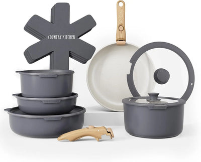 Cookware Set with Removable Handle, Oven & RV Safe Pots and Pans Set, Black/Grey Wood Handle