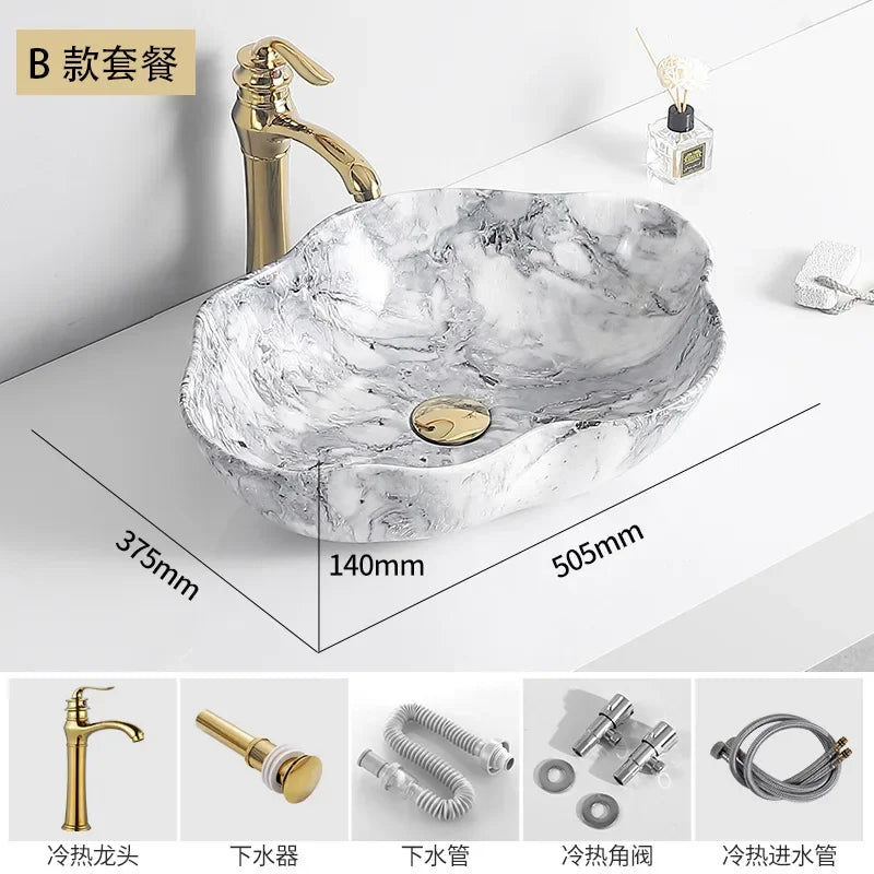 Ceramic Washbasin Marble Pattern Countertop Sinks Luxury Hotel Art Basin Flower Shape Bathroom Hand Wash Vessel Sink 50*37*14cm