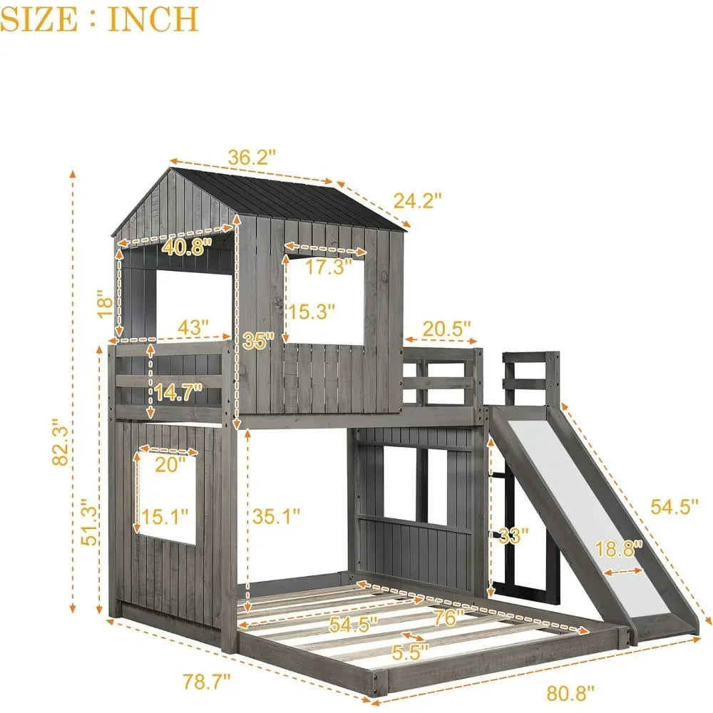 House Bunk Beds Twin Over Full Size, Wood Bunk Beds with Roof and Window Distressed Grey, Twin Over Full with Slide