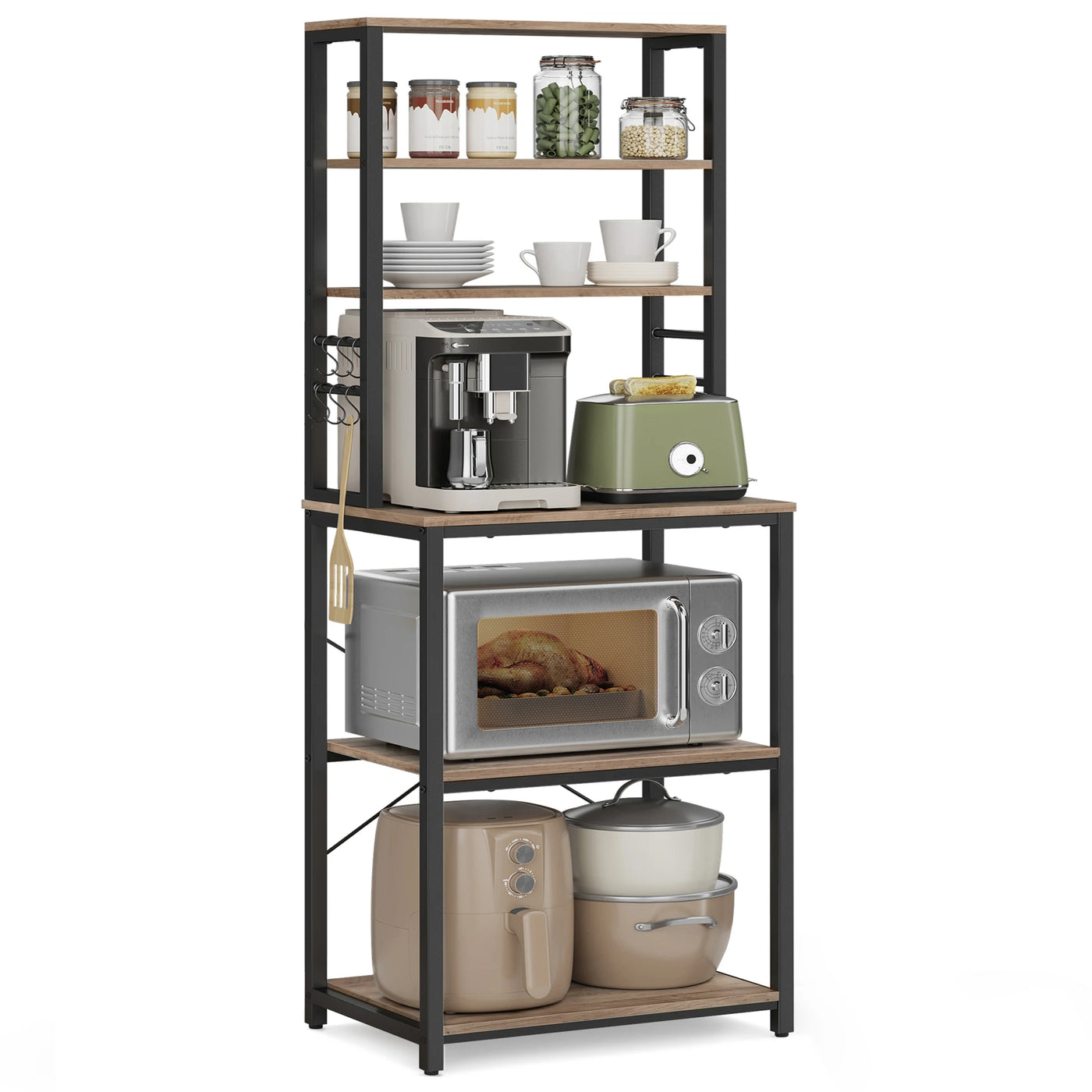 VASAGLE Coffee Bar, 6-Tier Kitchen Shelves with 6 Hooks, Baker’s Rack for Kitchen, Microwave Stand, Industrial