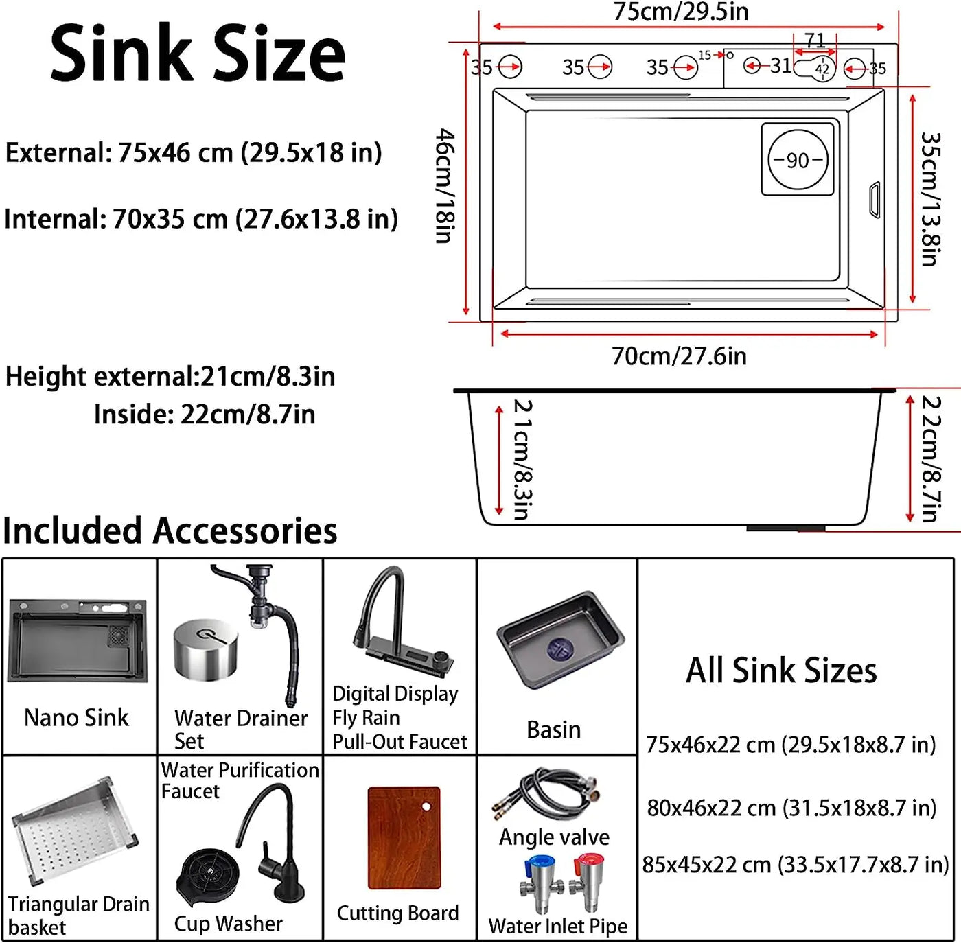 Black Nano Kitchen Sink Waterfall Sink with Pull Down Sprayhead Faucet Single Bowl Drop In Kitchen Sink