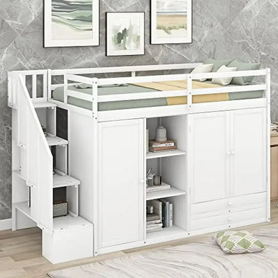 Wood Loft Bed Storage Stairs 2 Wardrobes Drawers Modern-Rustic Design Kids Teens