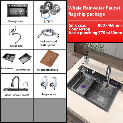 Stainless Steel Kitchen Waterfall Sink Digital Display Large Single Sink Dish Basin Sink With Multifunction Touch Waterfall