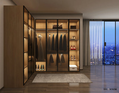 Bedroom Walk In closet Shape Wooden Wardrobe For Open Cloakroom With LED Light